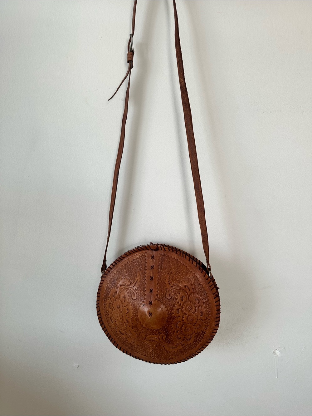 Vintage Brown Round Tooled Leather Crossbody Bag
